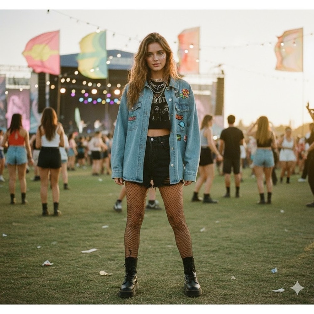 Forever‎ 21 Patched Denim Trucker Battle Shirt Jacket Y2K Rockstar Festival 1X